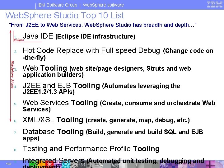 IBM Software Group | Web. Sphere software Web. Sphere Studio Top 10 List “From