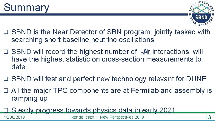 Summary q SBND is the Near Detector of SBN program, jointly tasked with searching