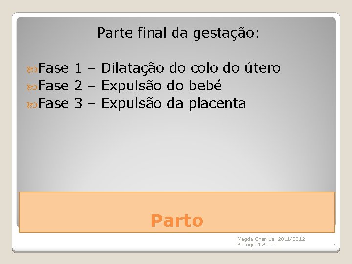 Parte final da gestação: Fase 1 – Dilatação do colo do útero Fase 2