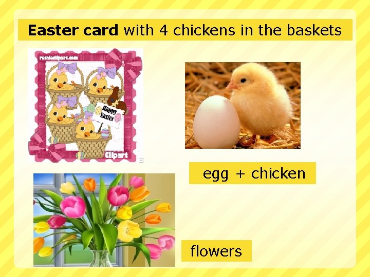 Easter card with 4 chickens in the baskets egg + chicken flowers 