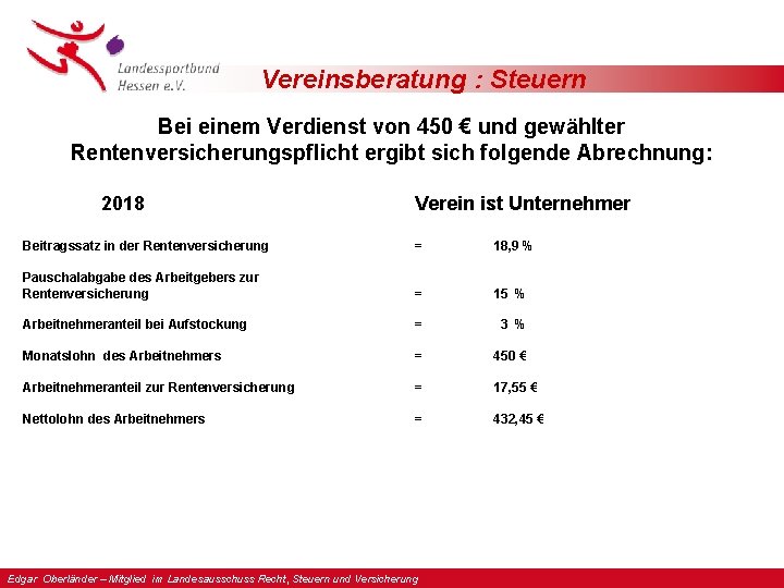 Vereinsberatung : Steuern Bei einem Verdienst von 450 € und gewählter Rentenversicherungspflicht ergibt sich