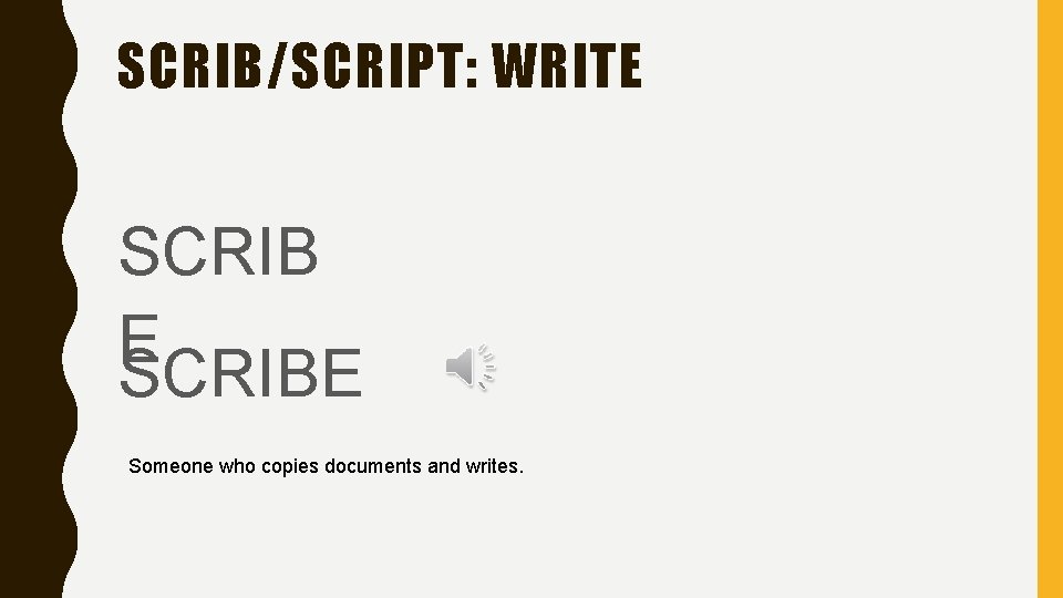 SCRIB/SCRIPT: WRITE SCRIBE Someone who copies documents and writes. 