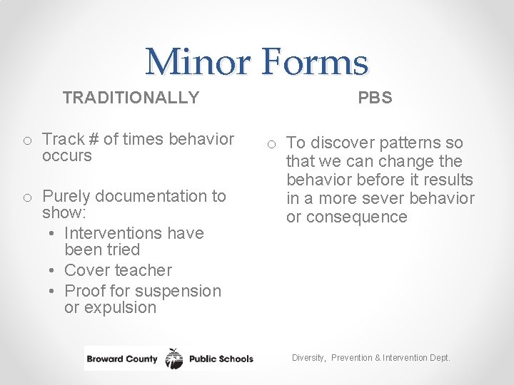 Minor Forms TRADITIONALLY PBS o Track # of times behavior occurs o To discover