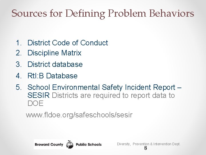 Sources for Defining Problem Behaviors 1. District Code of Conduct 2. Discipline Matrix 3.