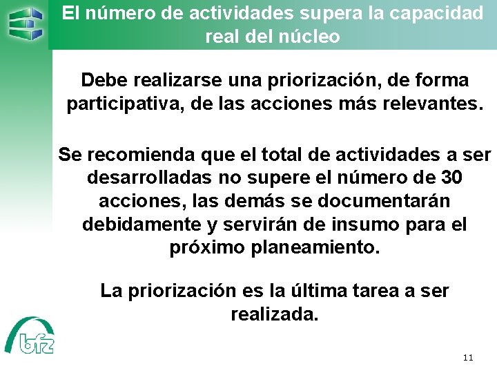 El número de actividades supera la capacidad real del núcleo Debe realizarse una priorización,