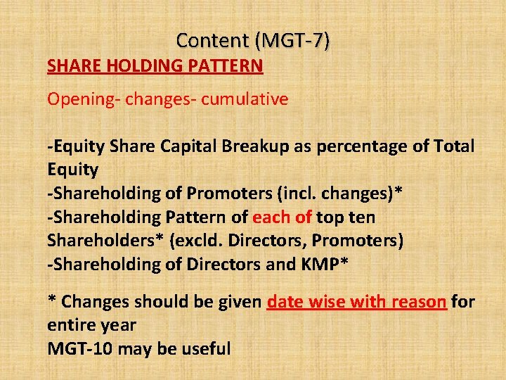 Content (MGT-7) SHARE HOLDING PATTERN Opening- changes- cumulative -Equity Share Capital Breakup as percentage