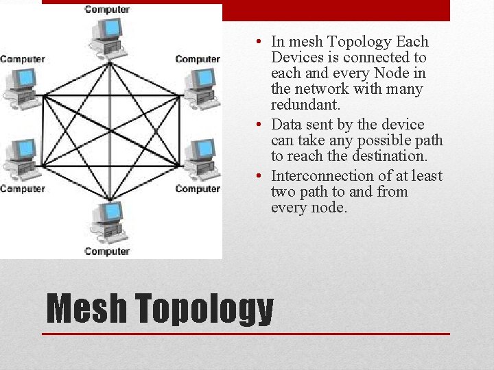  • In mesh Topology Each Devices is connected to each and every Node