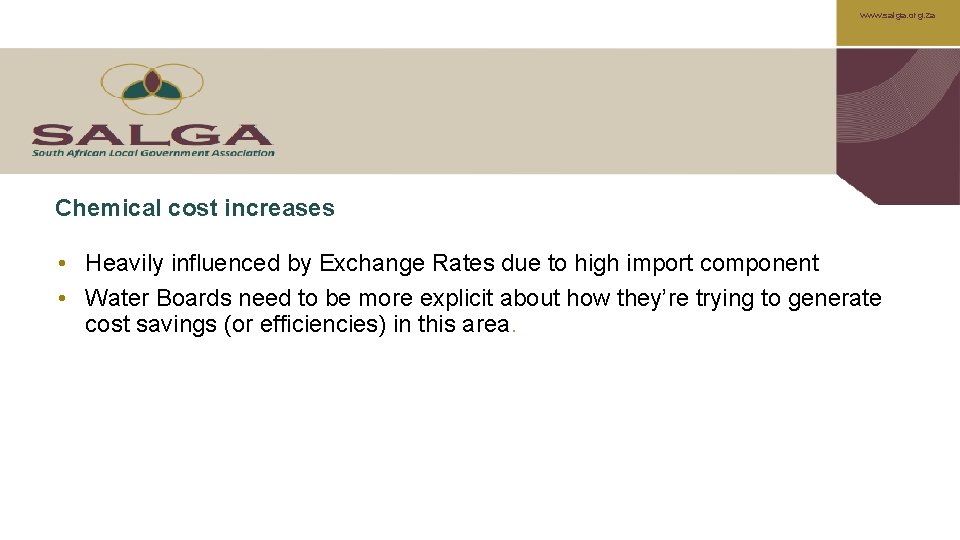 www. salga. org. za Chemical cost increases • Heavily influenced by Exchange Rates due