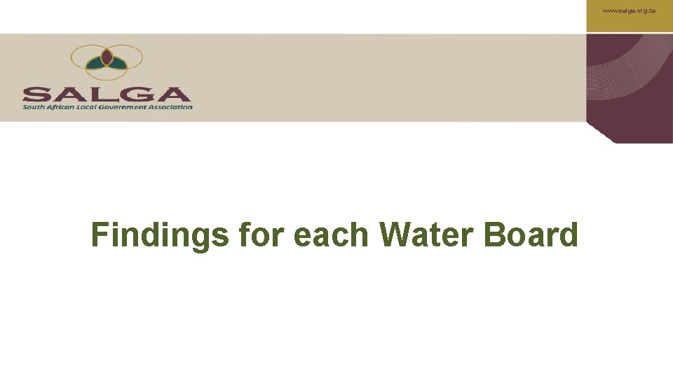 www. salga. org. za Findings for each Water Board 