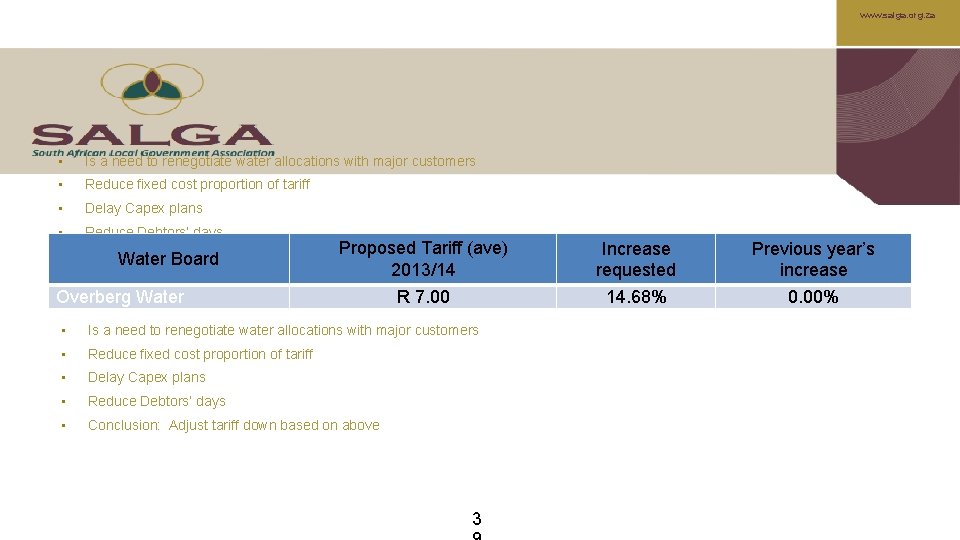 www. salga. org. za • Is a need to renegotiate water allocations with major