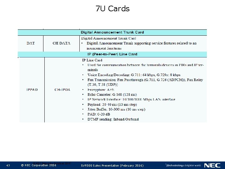 7 U Cards 47 © NEC Enterprise Solutions 2015 © NEC Corporation 2016 SV