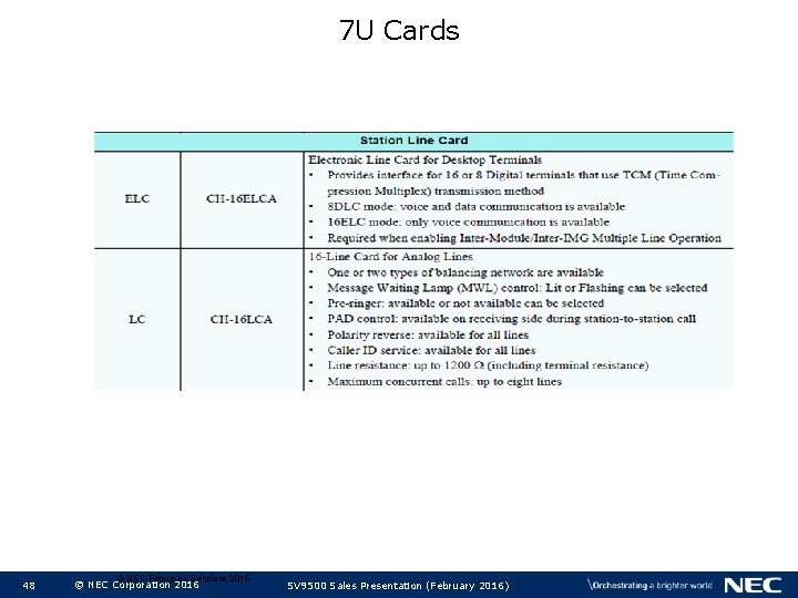 7 U Cards 48 © NEC Enterprise Solutions 2015 © NEC Corporation 2016 SV