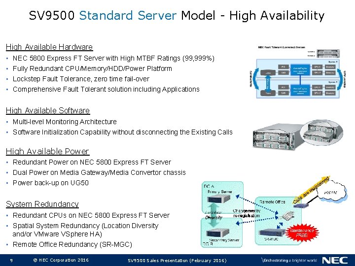 SV 9500 Standard Server Model - High Availability High Available Hardware • • NEC