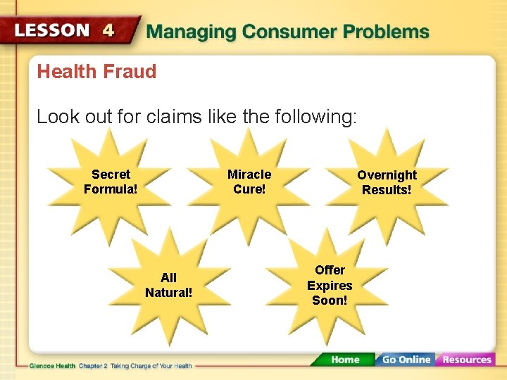 Health Fraud Look out for claims like the following: Secret Formula! Miracle Cure! All