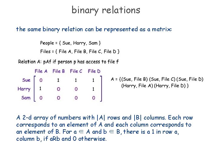 binary relations the same binary relation can be represented as a matrix: A 2