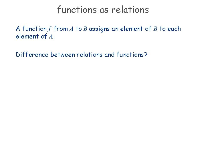 functions as relations A function f from A to B assigns an element of