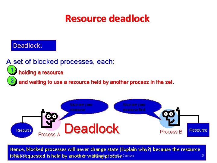 Resource deadlock Deadlock: A set of blocked processes, each: 1 holding a resource 2