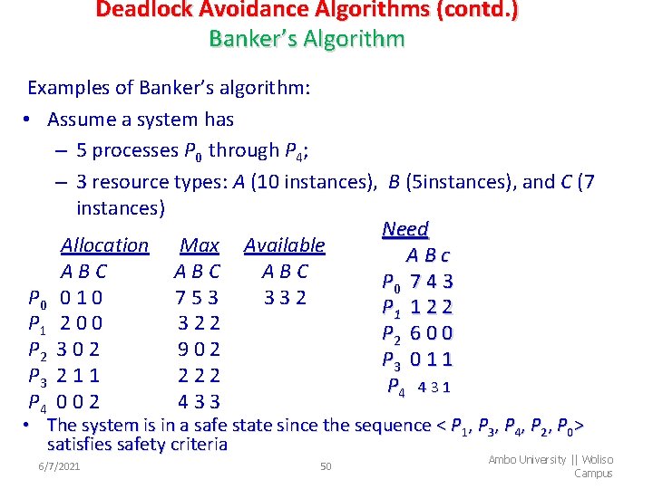 Deadlock Avoidance Algorithms (contd. ) Banker’s Algorithm Examples of Banker’s algorithm: • Assume a