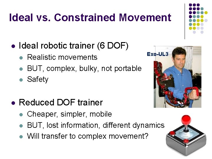 Ideal vs. Constrained Movement l Ideal robotic trainer (6 DOF) l l Realistic movements