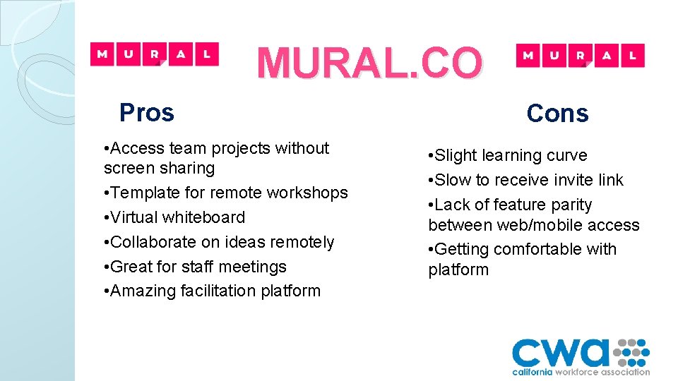 MURAL. CO Pros • Access team projects without screen sharing • Template for remote