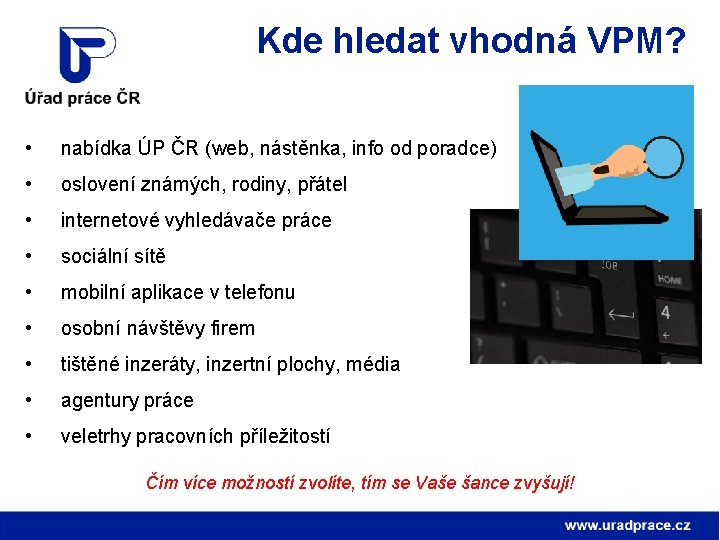 Kde hledat vhodná VPM? • nabídka ÚP ČR (web, nástěnka, info od poradce) •