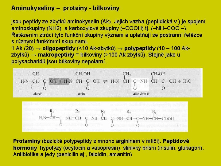 Aminokyseliny – proteiny - bílkoviny jsou peptidy ze zbytků aminokyselin (Ak). Jejich vazba (peptidická