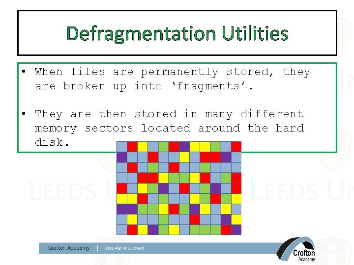 Defragmentation Utilities • When files are permanently stored, they are broken up into ‘fragments’.