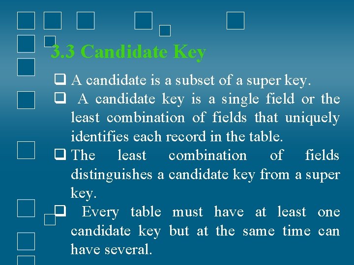 3. 3 Candidate Key q A candidate is a subset of a super key.