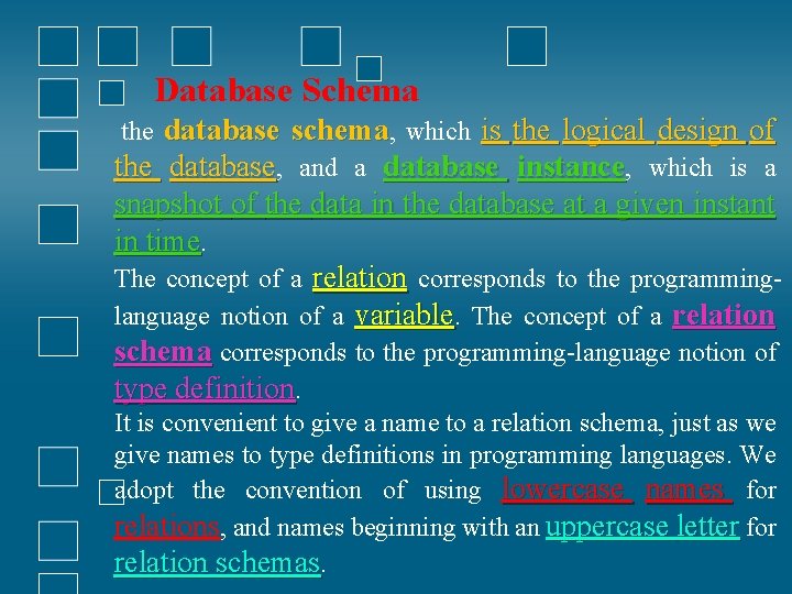 Database Schema the database schema, which is the logical design of the database, and