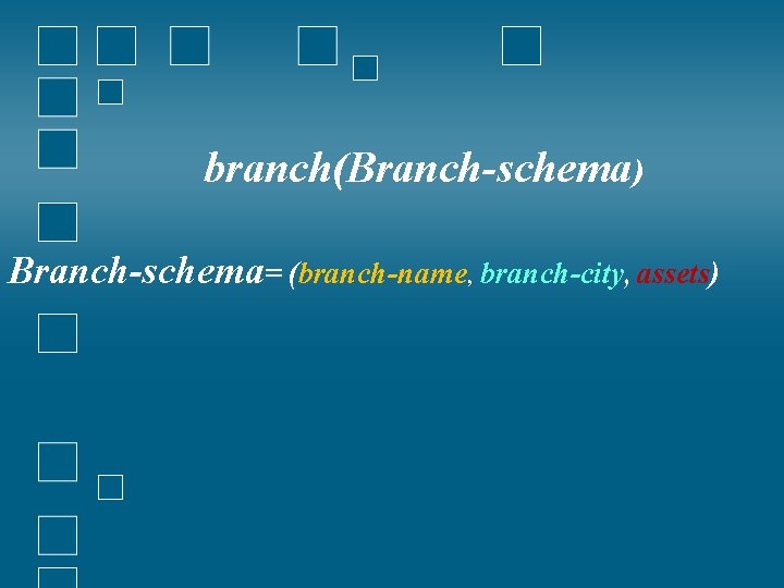 branch(Branch-schema) Branch-schema= (branch-name, branch-city, assets) 