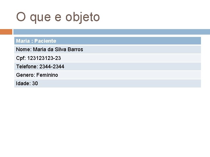 O que e objeto Maria : Paciente Nome: Maria da Silva Barros Cpf: 123123123 O que e objeto Maria : Paciente Nome: Maria da Silva Barros Cpf: 123123123
