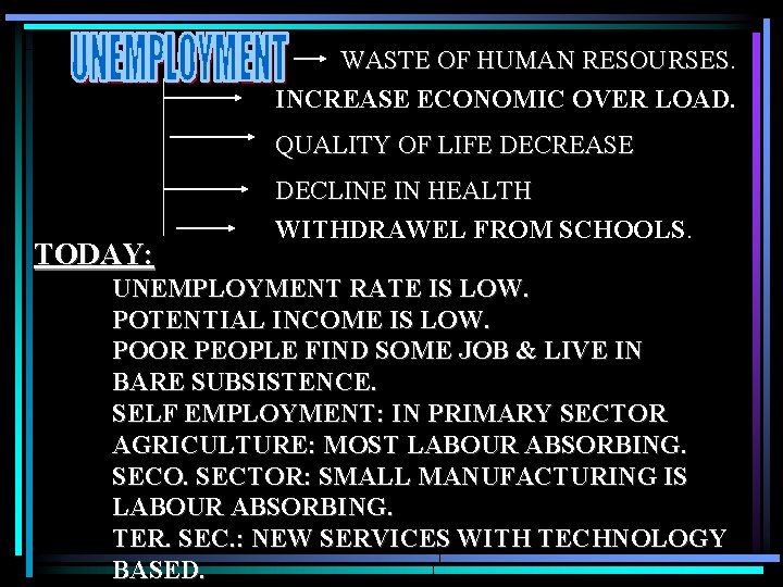 WASTE OF HUMAN RESOURSES INCREASE ECONOMIC OVER LOAD. QUALITY OF LIFE DECREASE TODAY: DECLINE