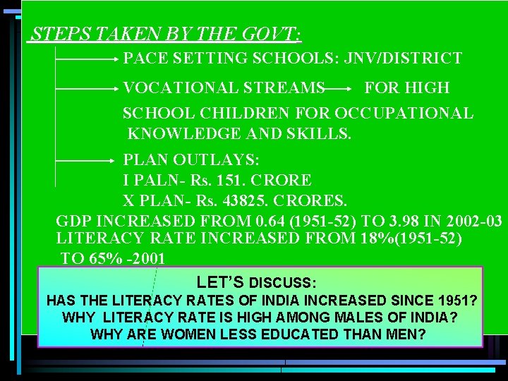 STEPS TAKEN BY THE GOVT: PACE SETTING SCHOOLS: JNV/DISTRICT VOCATIONAL STREAMS FOR HIGH SCHOOL