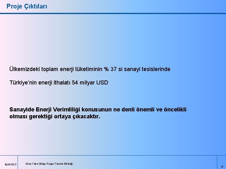 Proje Çıktıları Ülkemizdeki toplam enerji tüketiminin % 37 si sanayi tesislerinde Türkiye’nin enerji ithalatı