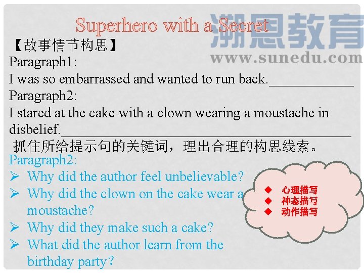 Superhero with a Secret 【故事情节构思】 Paragraph 1: I was so embarrassed and wanted to