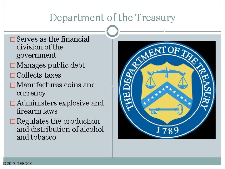Department of the Treasury � Serves as the financial division of the government �