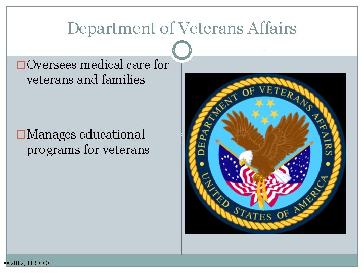 Department of Veterans Affairs �Oversees medical care for veterans and families �Manages educational programs