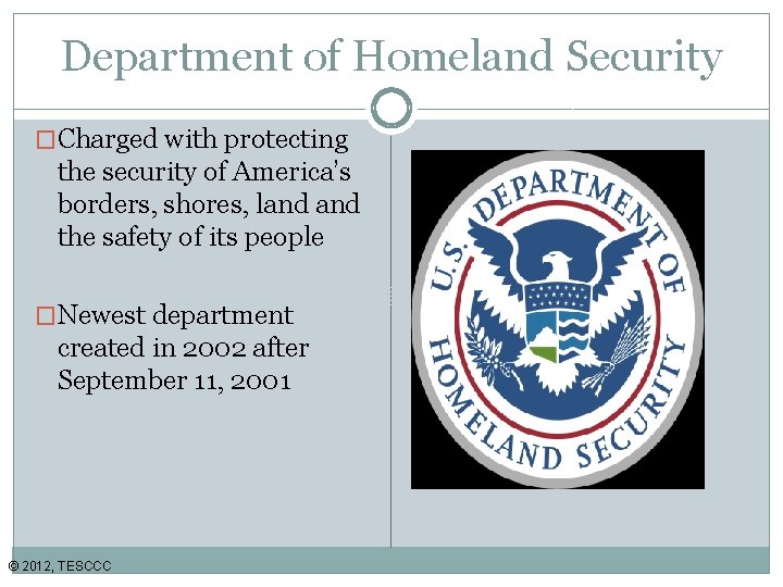 Department of Homeland Security �Charged with protecting the security of America’s borders, shores, land