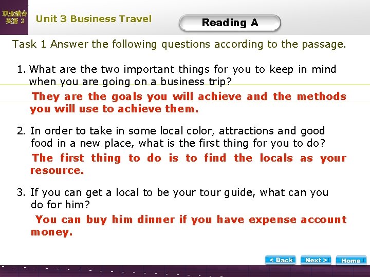 职业综合 英语 2 Unit 3 Business Travel Reading A A-Task 1 -1 Task 1
