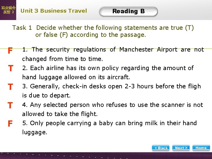 职业综合 英语 2 Unit 3 Business Travel Reading B B-Task 1 Decide whether the