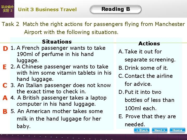 职业综合 英语 2 Unit 3 Business Travel Reading B B-Task 2 Match the right