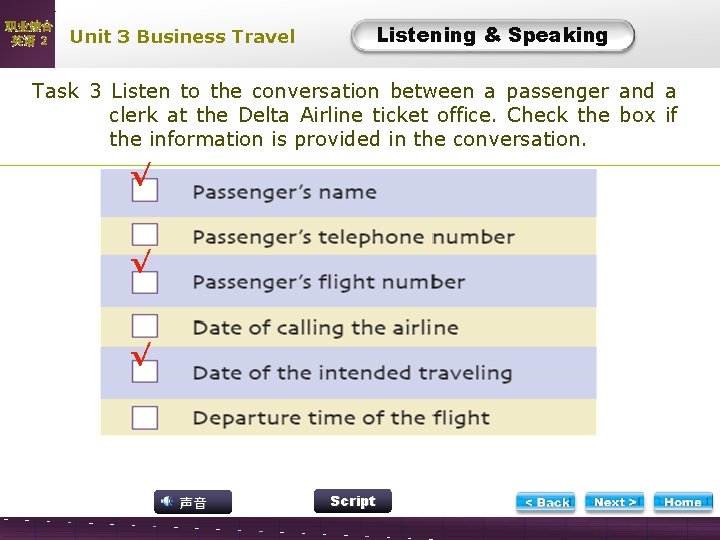 职业综合 英语 2 Unit 3 Business Travel Listening & Speaking L-Task 3 Listen to