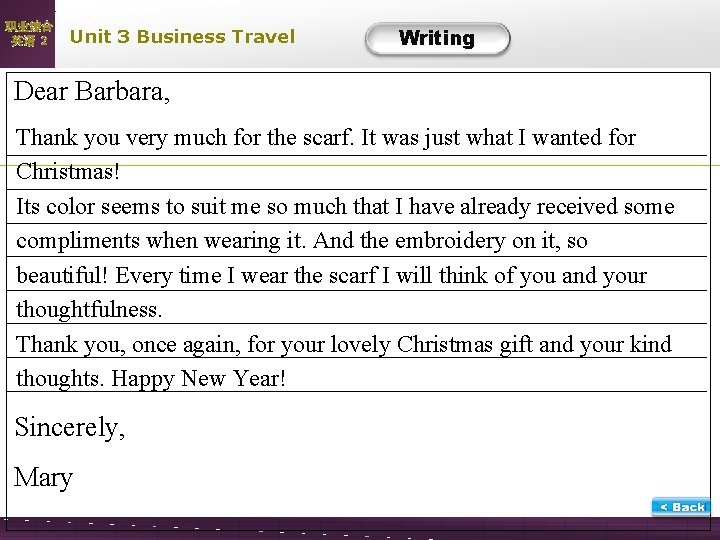 职业综合 英语 2 Unit 3 Business Travel Writing W-Task 1 -key Dear Barbara, Thank