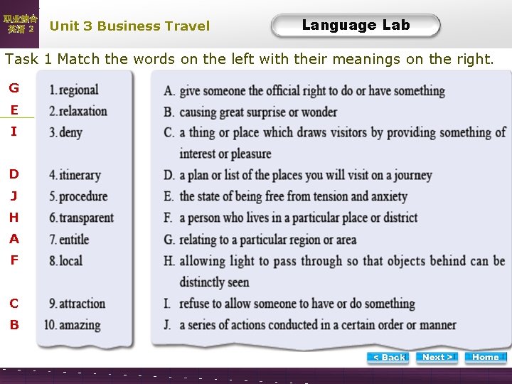 职业综合 英语 2 Unit 3 Business Travel Language Lab LLTask 1 Match the words