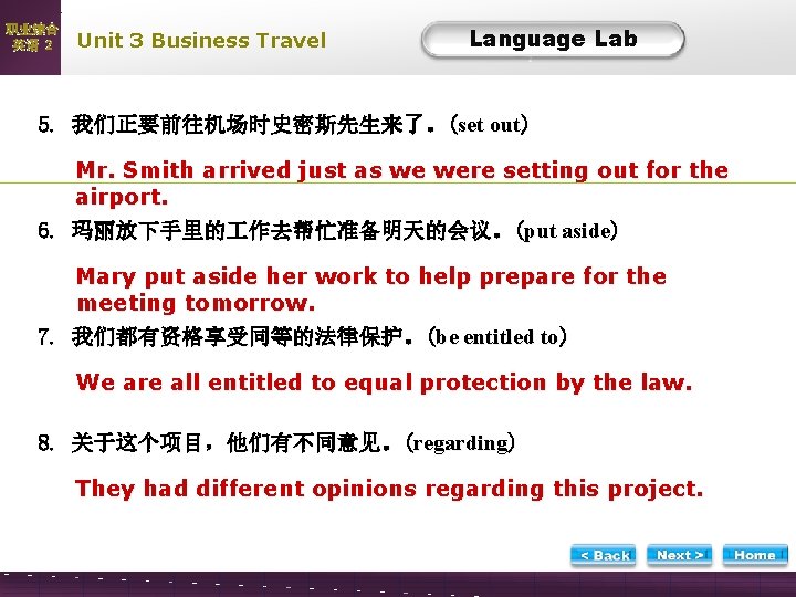 职业综合 英语 2 Unit 3 Business Travel Language Lab LLTask 52 5. 我们正要前往机场时史密斯先生来了。(set out)