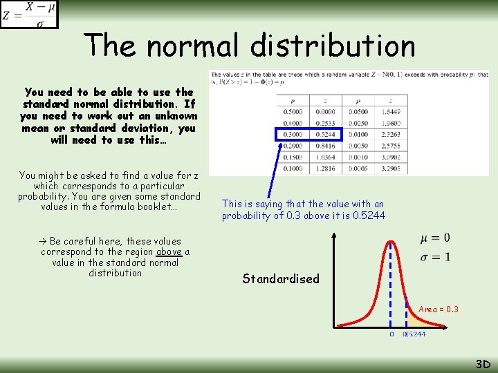 The normal distribution You need to be able to use the standard normal distribution. The normal distribution You need to be able to use the standard normal distribution.
