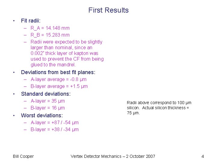 First Results • Fit radii: – R_A = 14. 148 mm – R_B =
