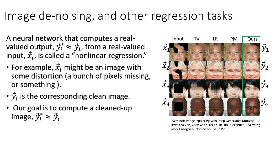 Image de-noising, and other regression tasks • “Semantic Image Inpainting with Deep Generative Models,