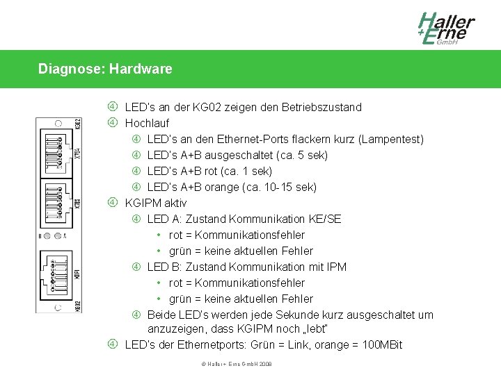 Diagnose: Hardware LED‘s an der KG 02 zeigen den Betriebszustand Hochlauf LED‘s an den