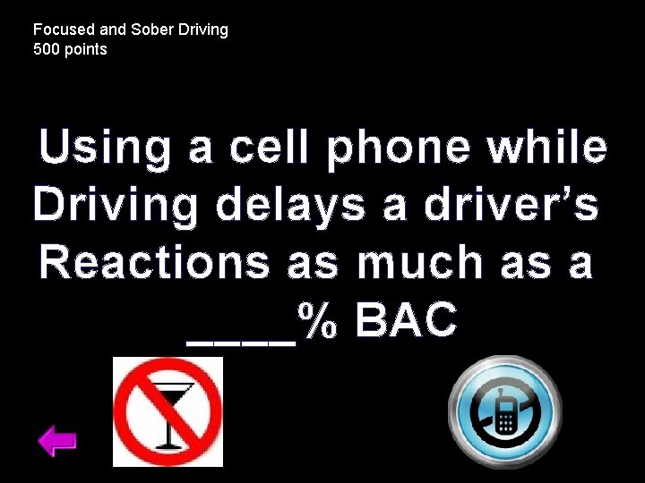 Focused and Sober Driving 500 points Using a cell phone while Driving delays a